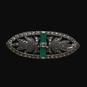 Vintage Antique Art Deco Sterling Silver Green Onyx Marcasite Brooch Pin 2"